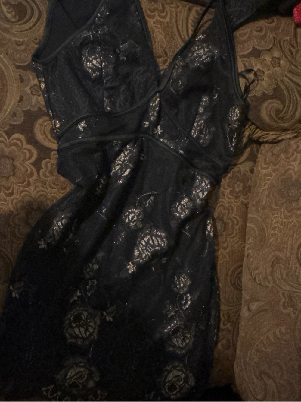 bebe Black Strapless Lace Dress with Metallic Accents